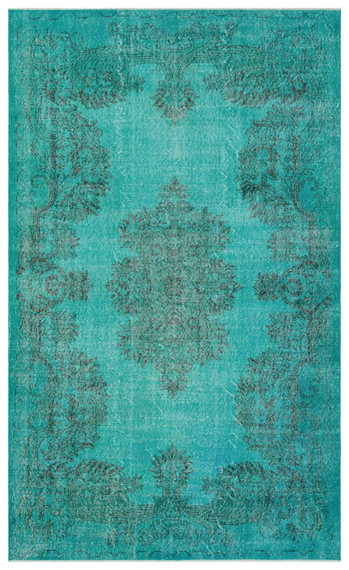 Teal distressed rug with a dark grey traditional floral medallion and ornate border pattern.