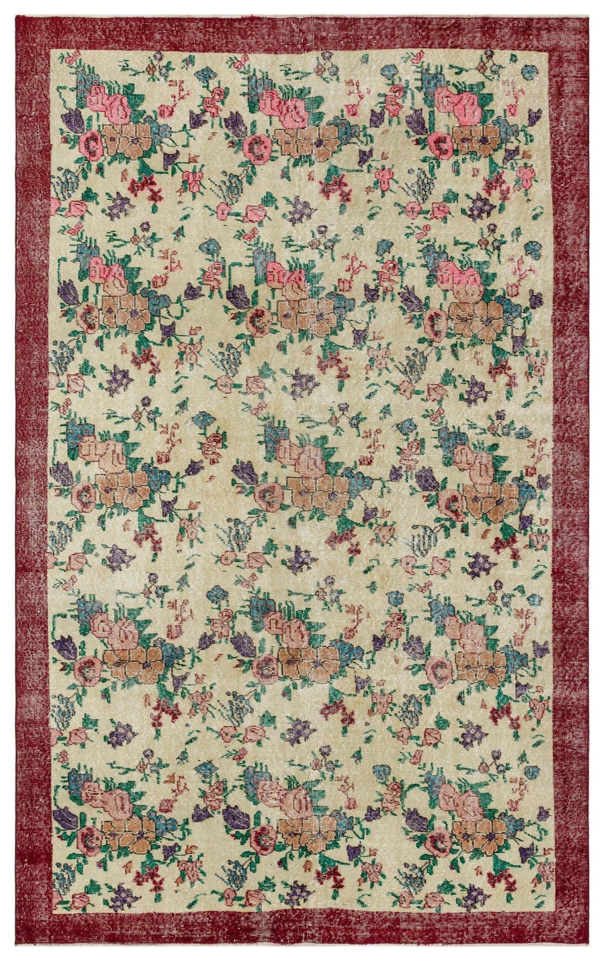 Beige rug with a distressed floral pattern in pink, blue, and purple, framed by a solid dark red border.