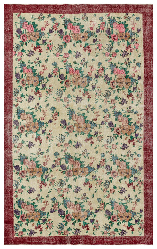 Load image 1 in gallery view. Beige rug with a distressed floral pattern in pink, blue, and purple, framed by a solid dark red border.