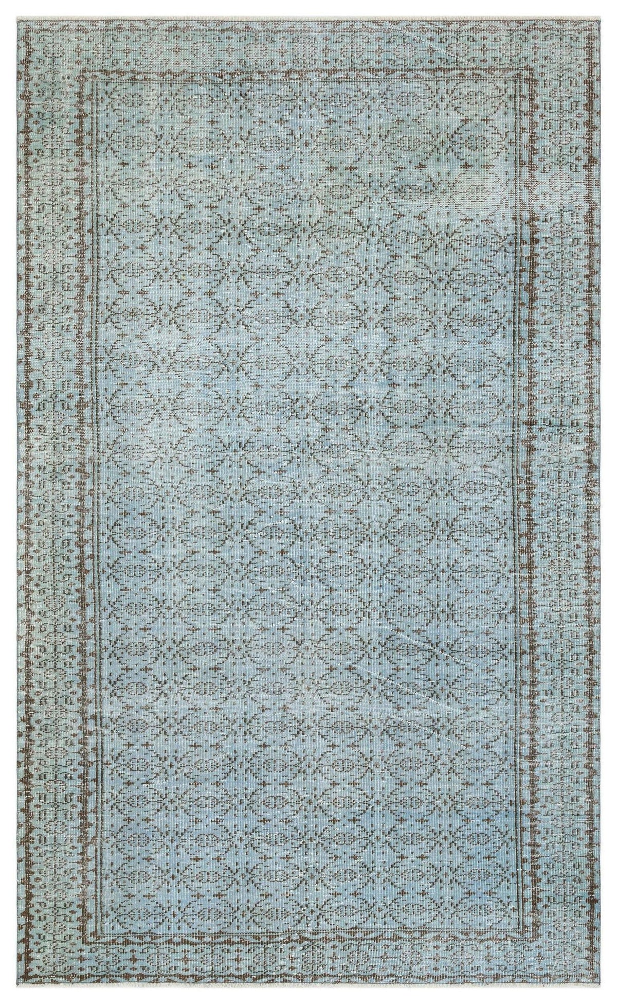 Light blue and brown rug with a repeating geometric lattice pattern and a decorative border on a white background.