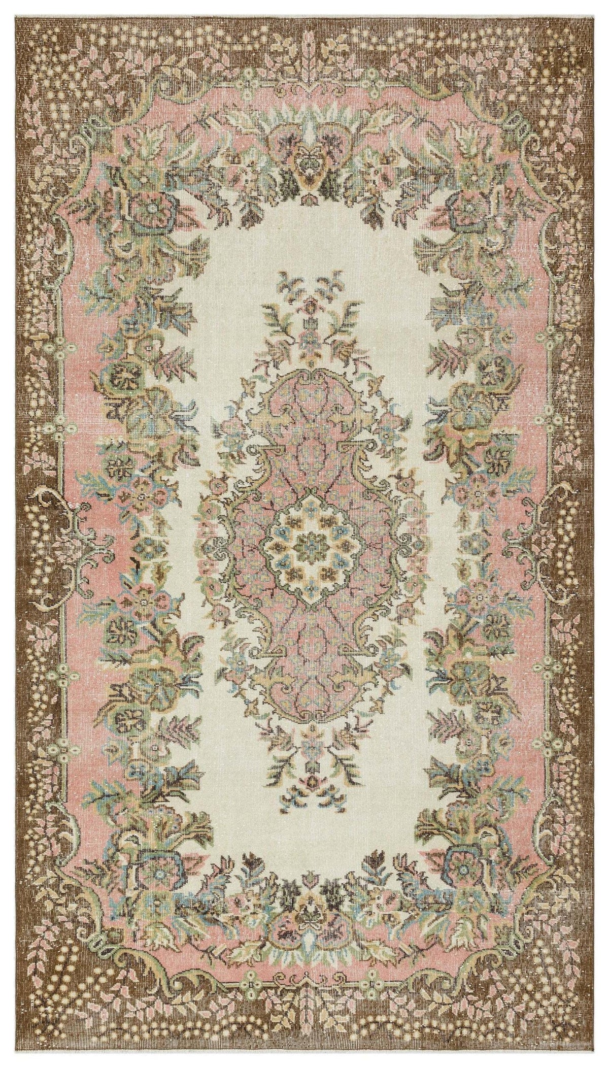 Cream, pink, and brown traditional rug with a central floral medallion and ornate botanical border.