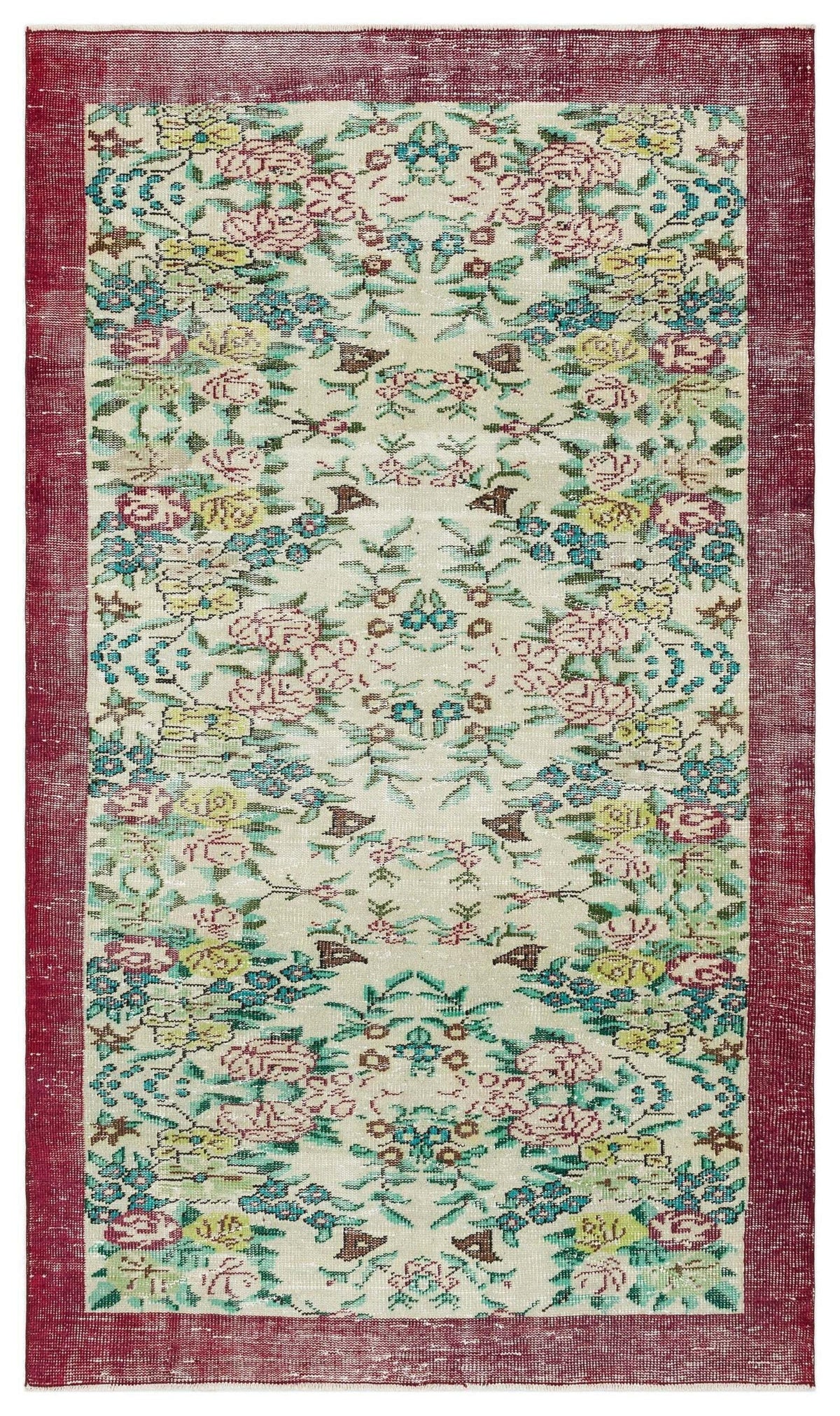 Cream rug with a distressed floral pattern in red, yellow, and teal, featuring a wide, solid red border.