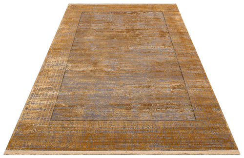 Load image 1 in gallery view. Ochre and grey distressed abstract rug with a bordered design and short fringe on a white background.