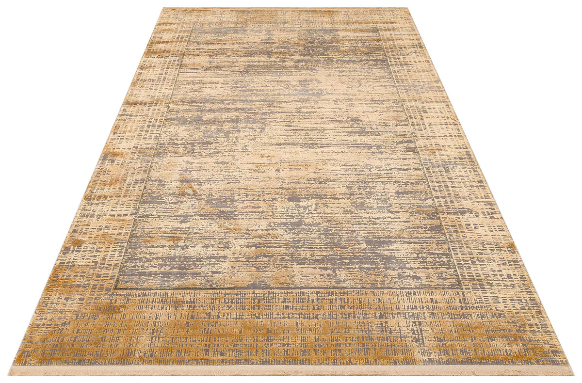 Gold and grey distressed area rug with a rectangular border and horizontal textured pattern on a white background.
