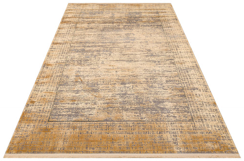 Load image 1 in gallery view. Gold and grey distressed area rug with a rectangular border and horizontal textured pattern on a white background.