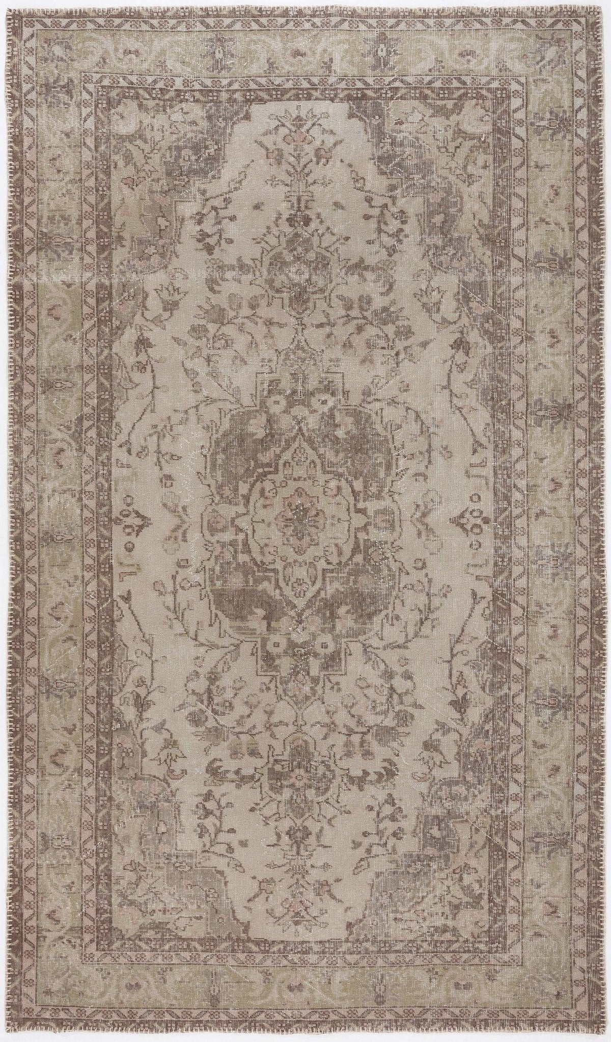 Taupe and beige distressed traditional rug with a central floral medallion and ornate border.