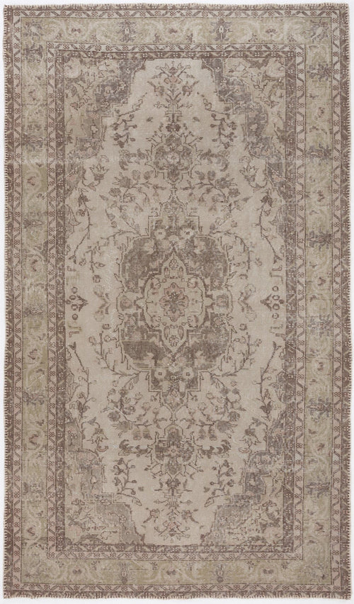 Load image 1 in gallery view. Taupe and beige distressed traditional rug with a central floral medallion and ornate border.