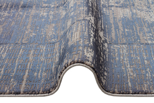 Load image 1 in gallery view. Blue and grey abstract grid pattern rug with a distressed texture, shown folded on a white background.