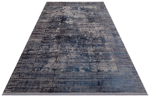 Load image 1 in gallery view. Navy blue and grey rectangular rug with a distressed, abstract textured pattern and a defined border.
