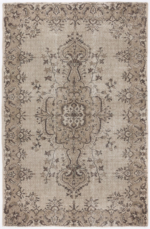 Load image 1 in gallery view. Taupe and dark brown distressed rug with a traditional central floral medallion and ornate border.