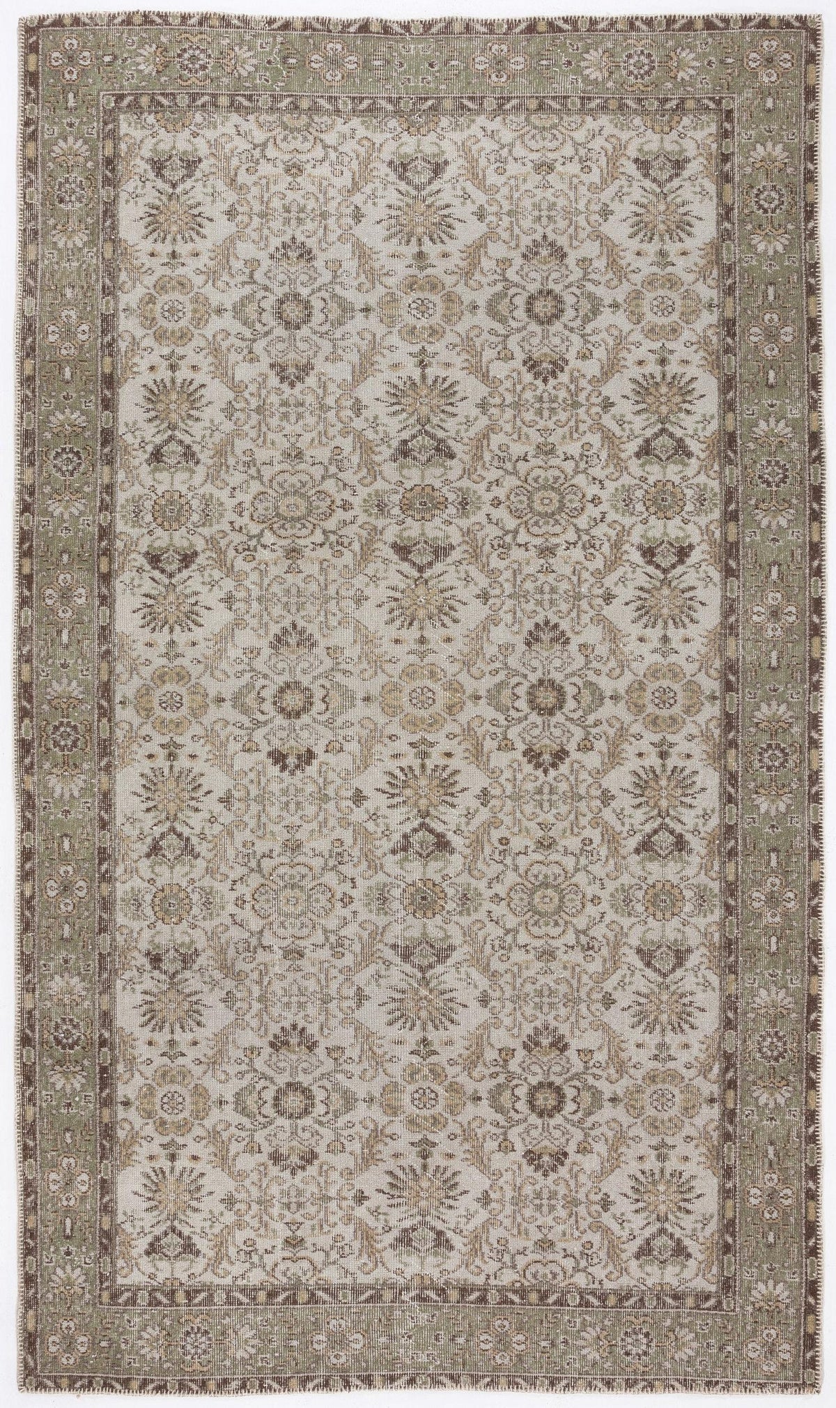 Sage green and beige traditional rug with a repeating floral medallion pattern and a dark brown border.