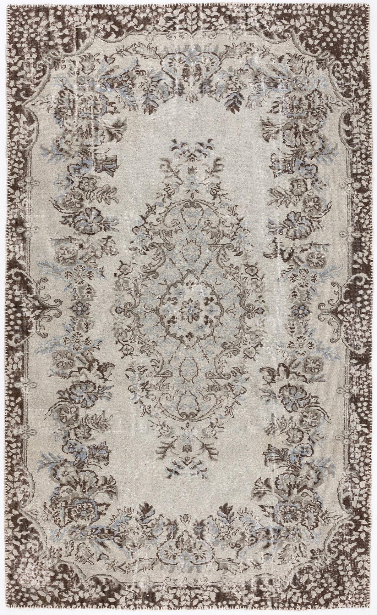 Beige and brown traditional rug with a central floral medallion and ornate border on a white background.