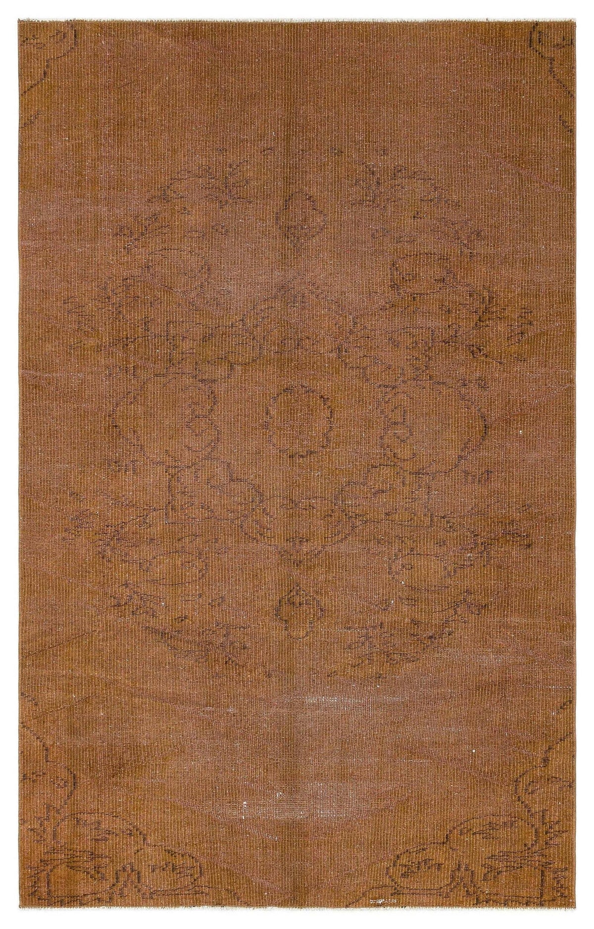 Solid rust-brown vintage rug with a faint, dark-outlined central floral medallion and corner motifs.