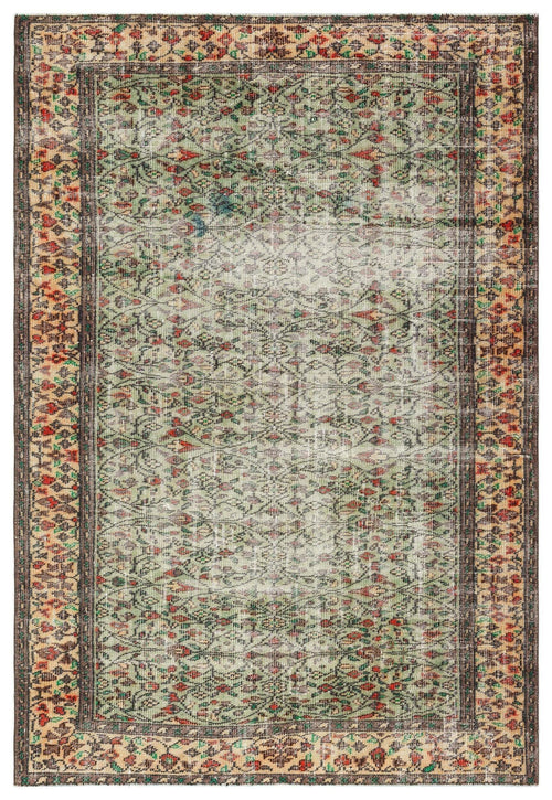 Load image 1 in gallery view. Distressed sage green rug with a faded floral vine pattern and a dark brown geometric border on a white background.