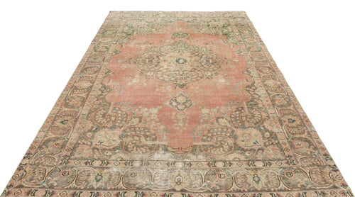 Load image 1 in gallery view. Distressed coral and sage green traditional rug with a central floral medallion and ornate border on a white background.