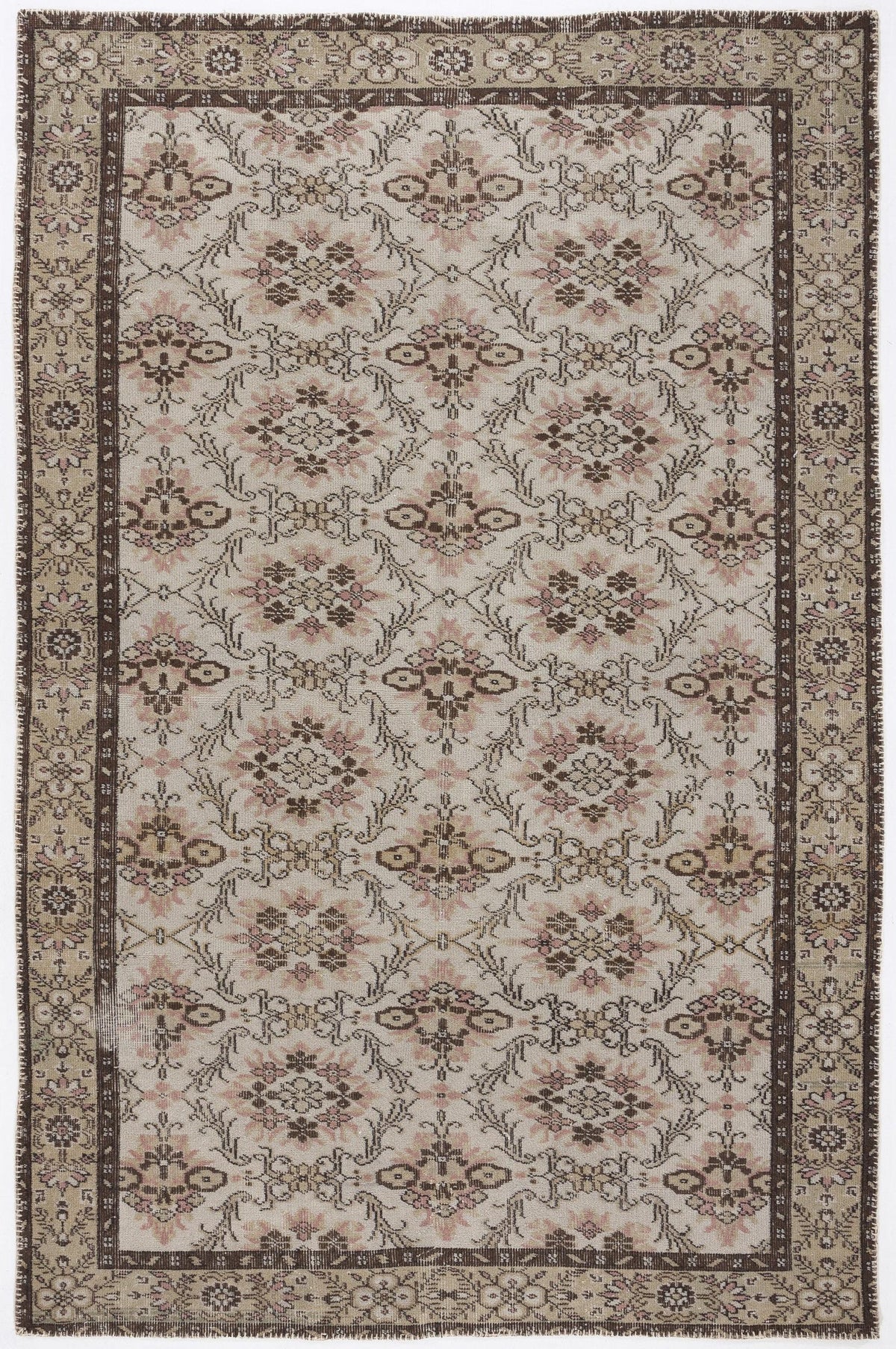 Beige and brown traditional rug with a repeating floral medallion pattern and a dark brown border.