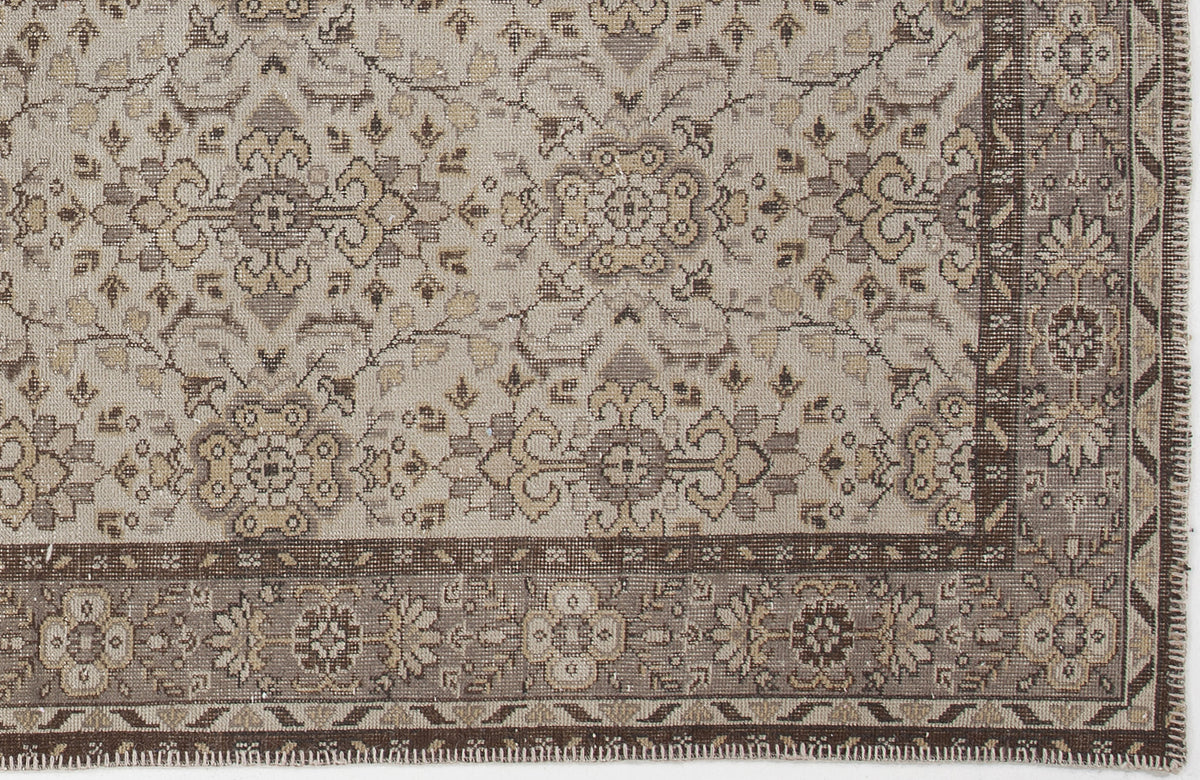Beige and brown traditional rug with a distressed floral medallion pattern and a detailed geometric border.