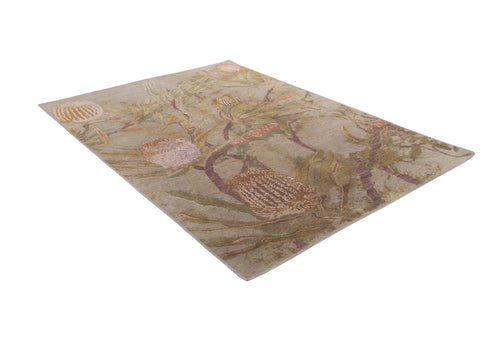 Load image 1 in gallery view. The Dreamweaver's Loom - Washable Rug - JRS001 is a rectangular flat weave area rug with a soft, muted botanical pattern of large flowers and leafy branches in earthy green, brown, and beige on a white background.