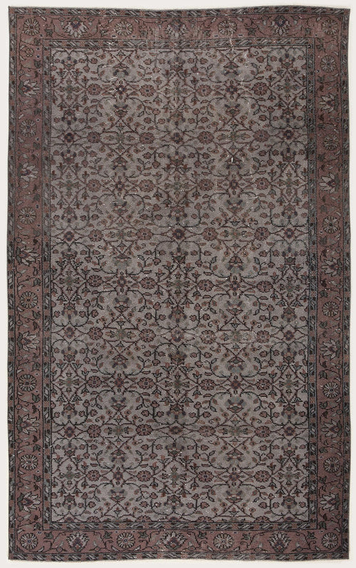 Load image 1 in gallery view. Muted grey and dusty rose traditional rug with an all-over floral vine pattern and a wide decorative border.