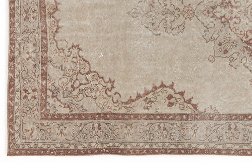 Load image 1 in gallery view. Beige and terracotta distressed rug with a traditional floral medallion border and faded vintage pattern.