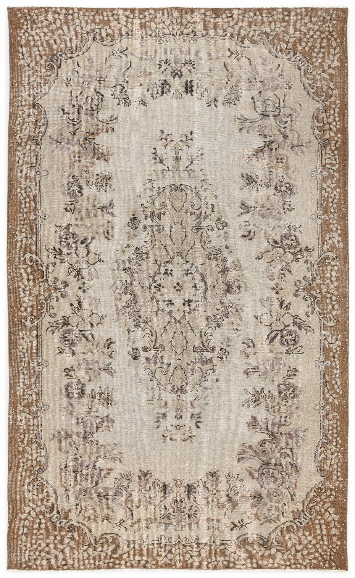 Beige and brown vintage-style rug with a central floral medallion and ornate border on a white background.
