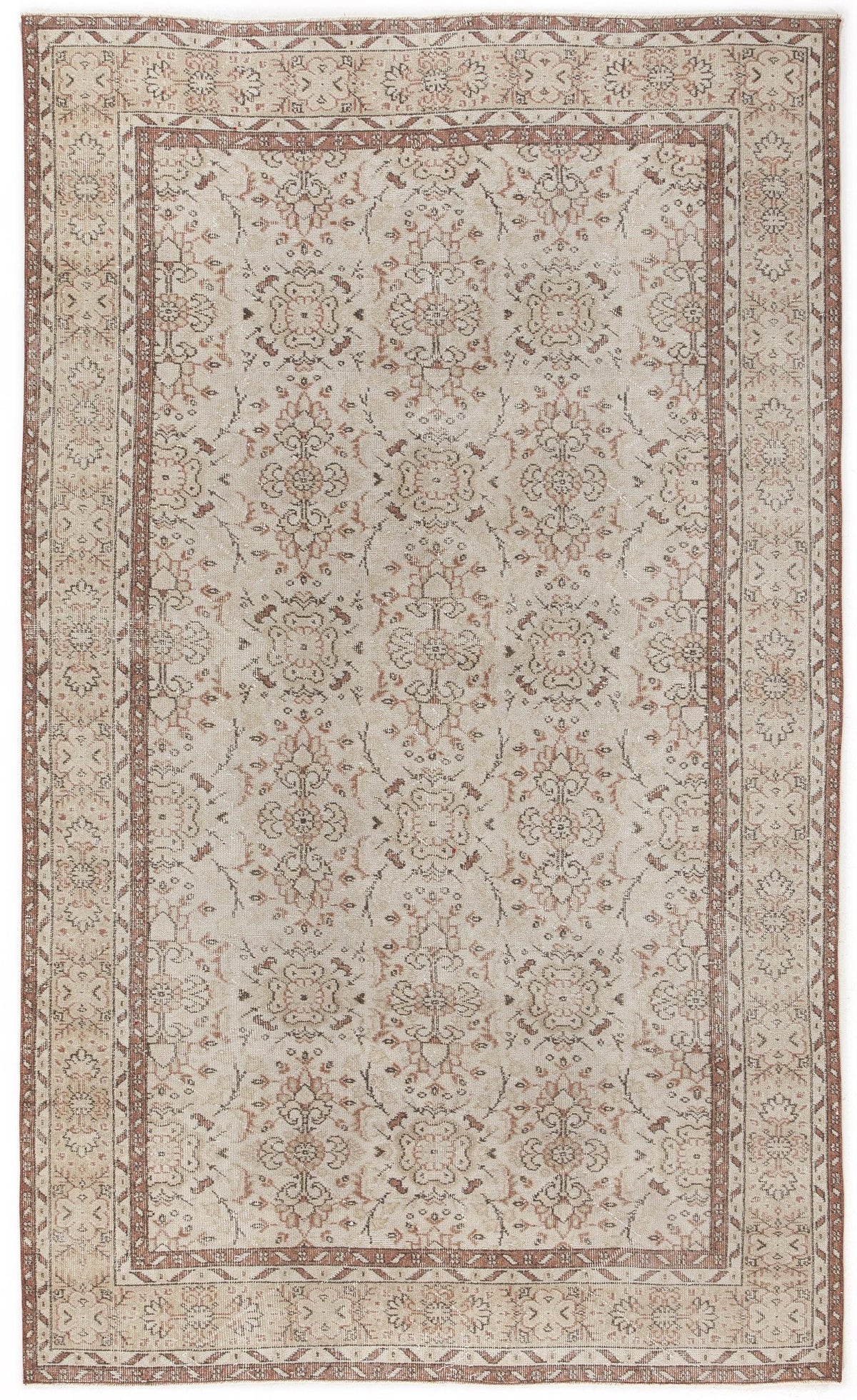 Beige and terracotta traditional rug with a distressed floral medallion pattern and a decorative border.