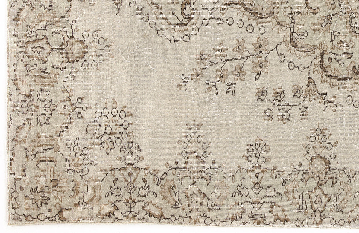Beige and taupe vintage-style rug with a distressed floral medallion and vine pattern.