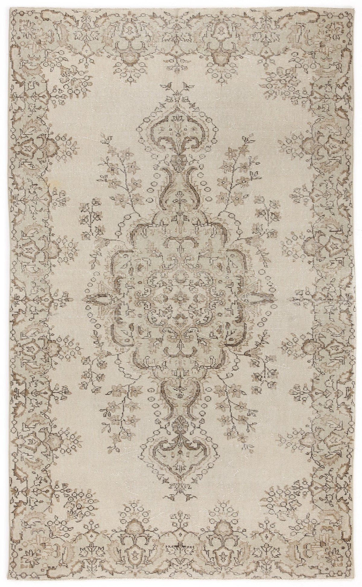 Beige and taupe vintage-style rug with a central floral medallion and a decorative border on a white background.