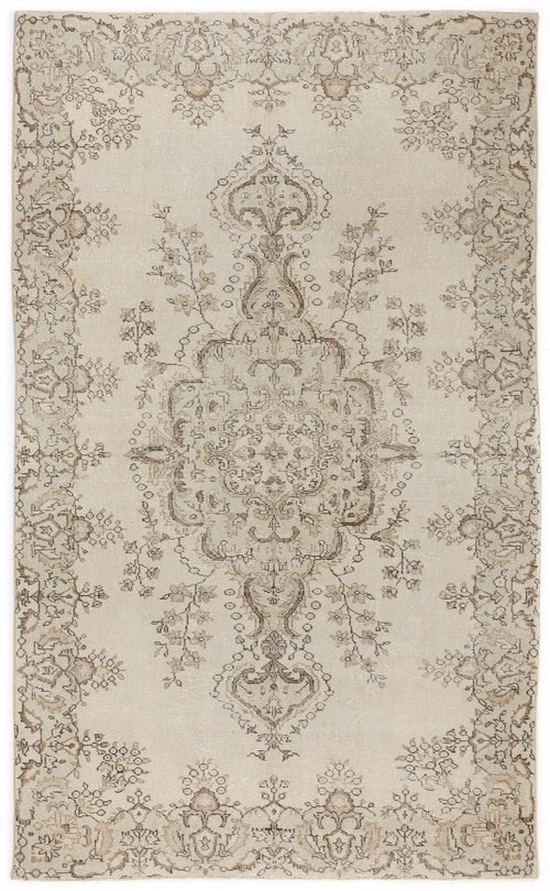 Load image 1 in gallery view. Beige and taupe vintage-style rug with a central floral medallion and a decorative border on a white background.