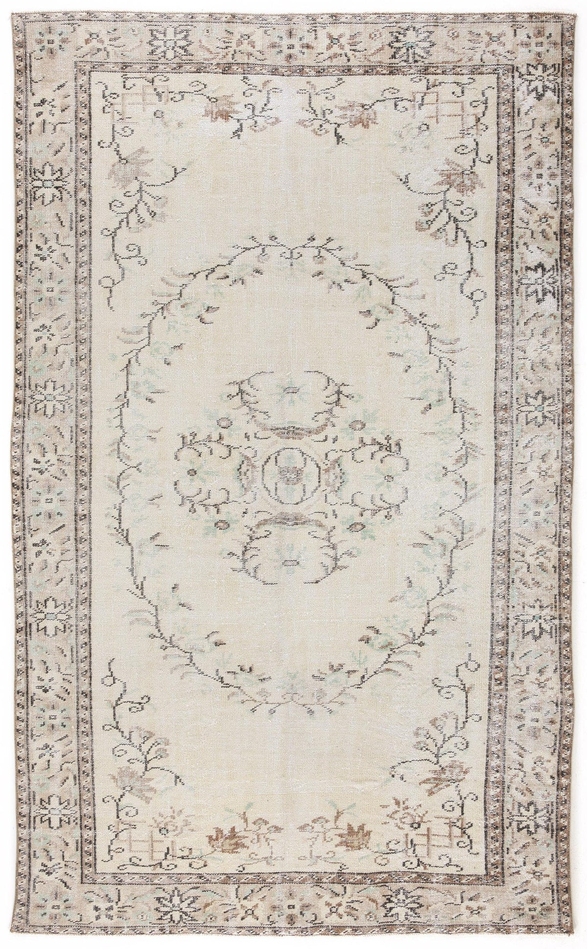 Beige and cream vintage-style rug with a central floral medallion and a decorative border in muted brown and sage tones.