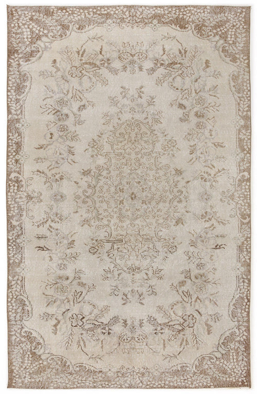 Load image 1 in gallery view. Beige and taupe traditional rug with a distressed floral medallion pattern and an ornate border.