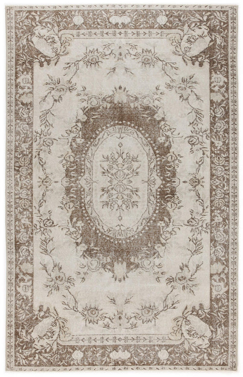 Load image 1 in gallery view. Beige and brown traditional rug with a central floral medallion and ornate botanical border.