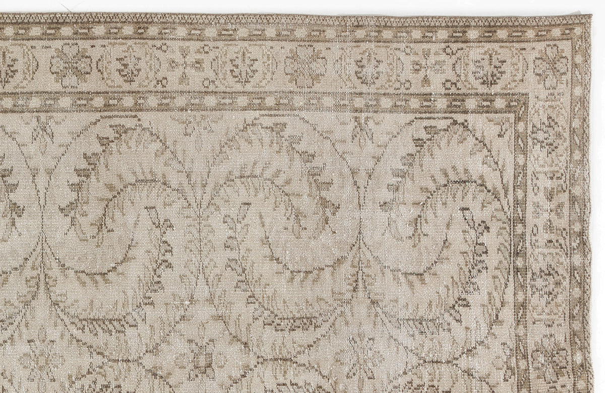 Beige and taupe vintage-style rug with a distressed floral vine pattern and a decorative geometric border.