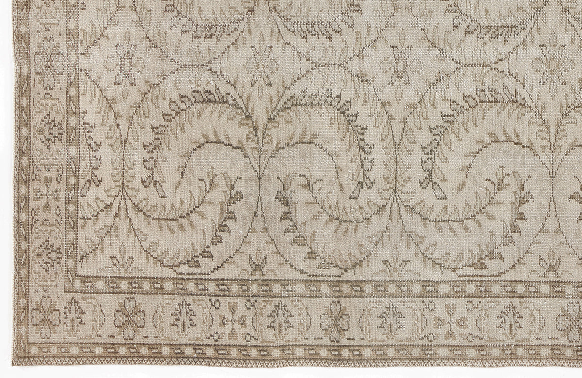 Beige and taupe traditional rug with a repeating vine and floral medallion pattern and a decorative border.