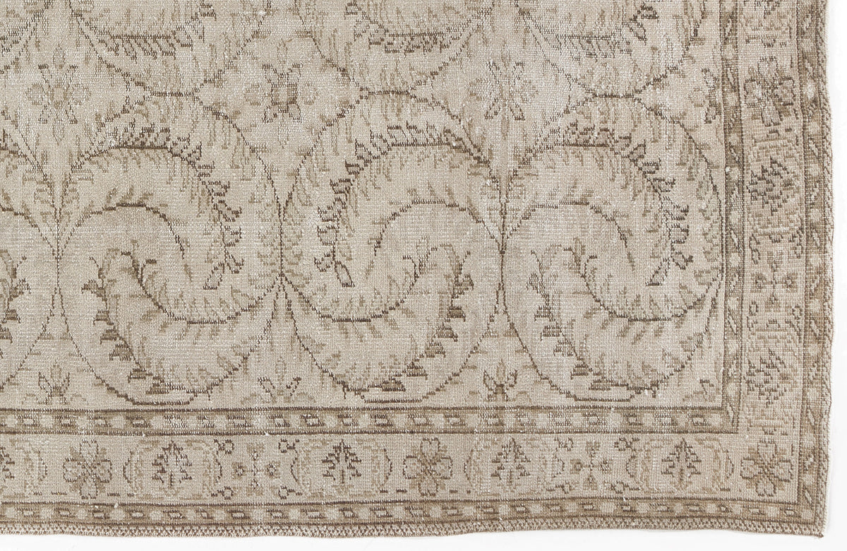 Beige and taupe rug with a repeating vine and floral medallion pattern and a decorative border.