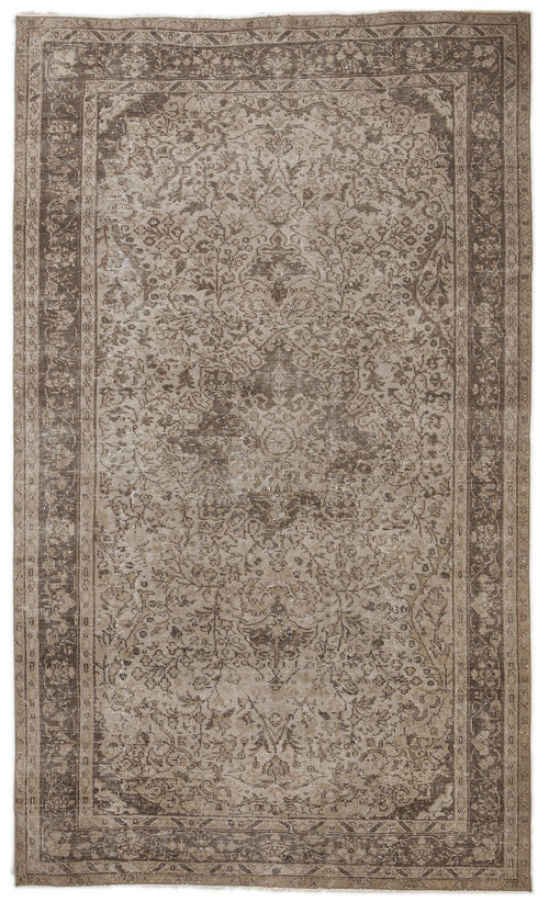 Load image 1 in gallery view. Taupe and brown vintage-style rug with a distressed floral medallion pattern and a wide decorative border.