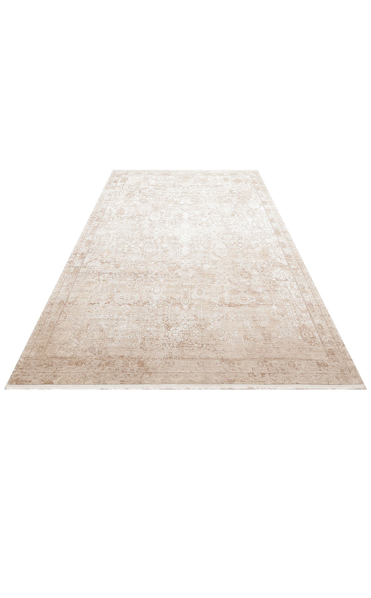 Beige and white traditional area rug with a distressed medallion pattern and a fringed edge on a white background.