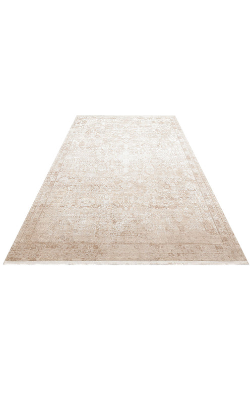 Bild 1 in Galerieansicht laden. Beige and white traditional area rug with a distressed medallion pattern and a fringed edge on a white background.