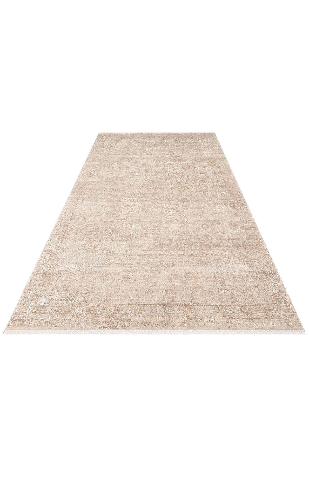 Beige and cream area rug with a faded, traditional medallion pattern and a distressed border on a white background.