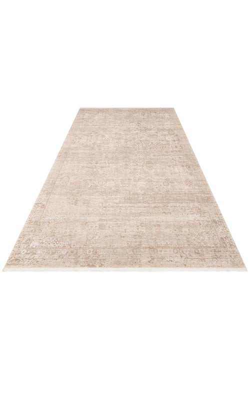 Bild 1 in Galerieansicht laden. Beige and cream area rug with a faded, traditional medallion pattern and a distressed border on a white background.