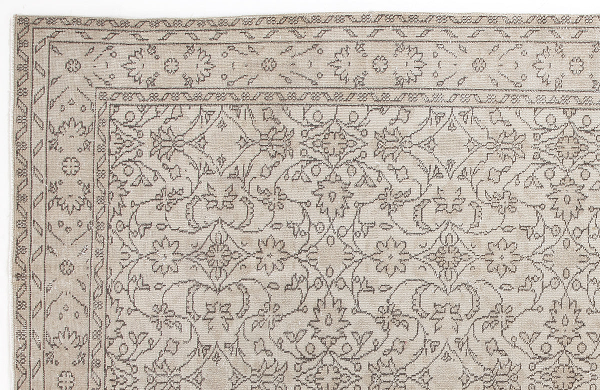 Beige and taupe traditional rug with a detailed floral vine pattern and a geometric border.