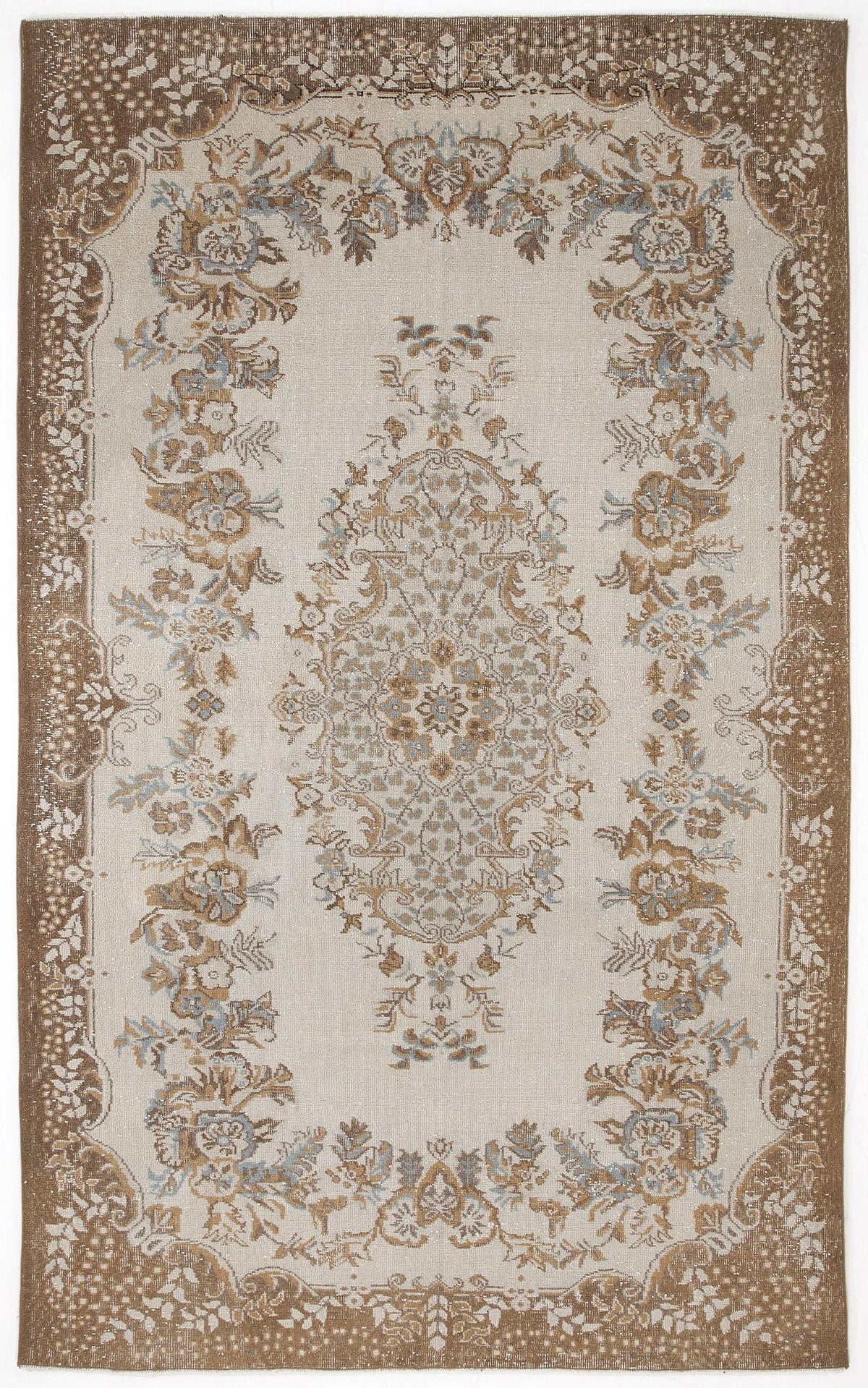 Beige and brown traditional rug with a central floral medallion and ornate border on a white background.