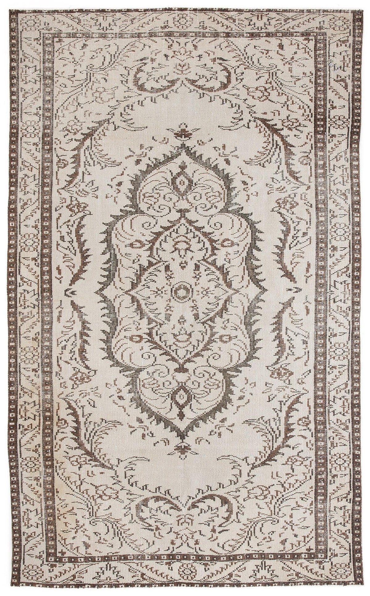 Beige and brown vintage-style rug with a central floral medallion and ornate border pattern on a white background.