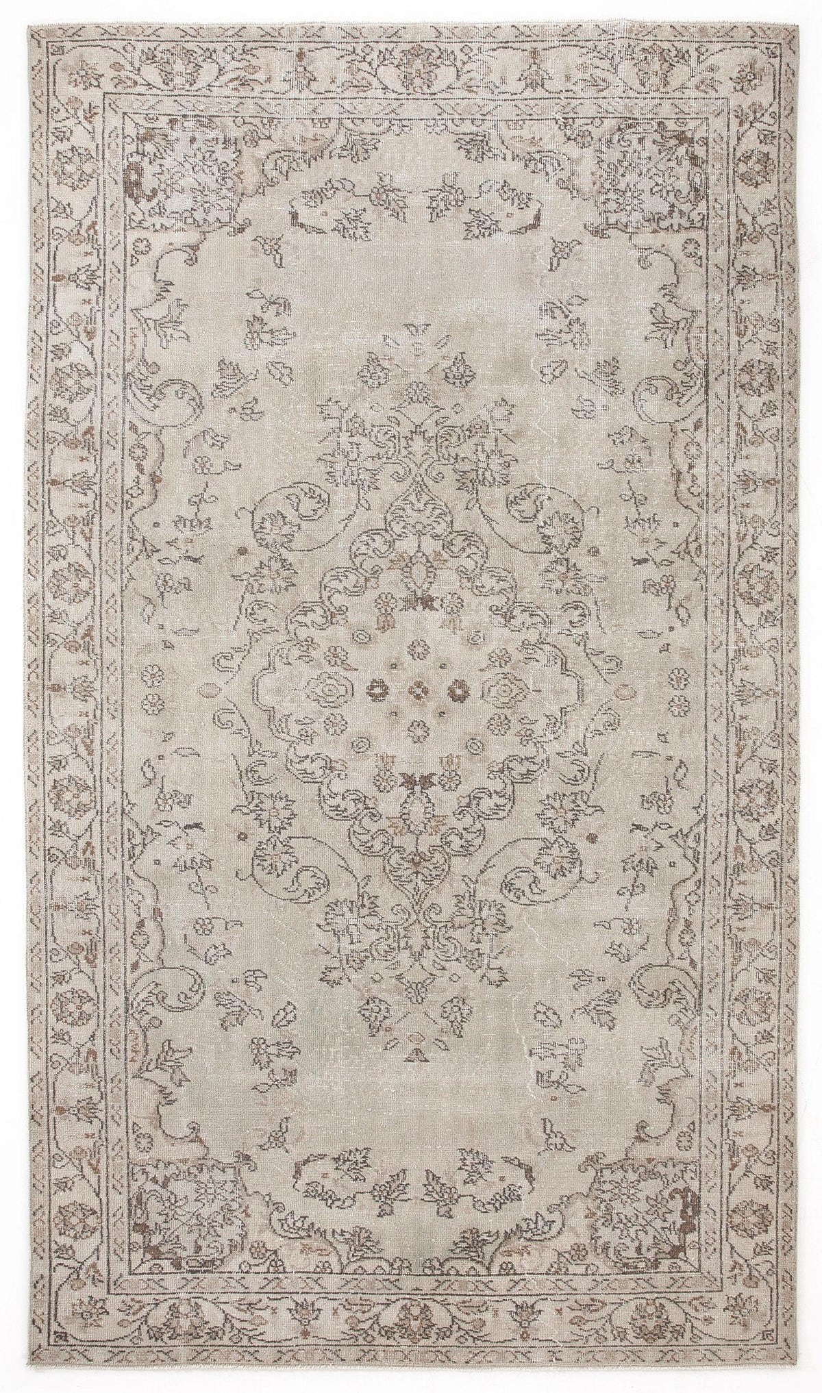 Beige and taupe vintage-style rug with a central floral medallion and ornate border pattern on a white background.