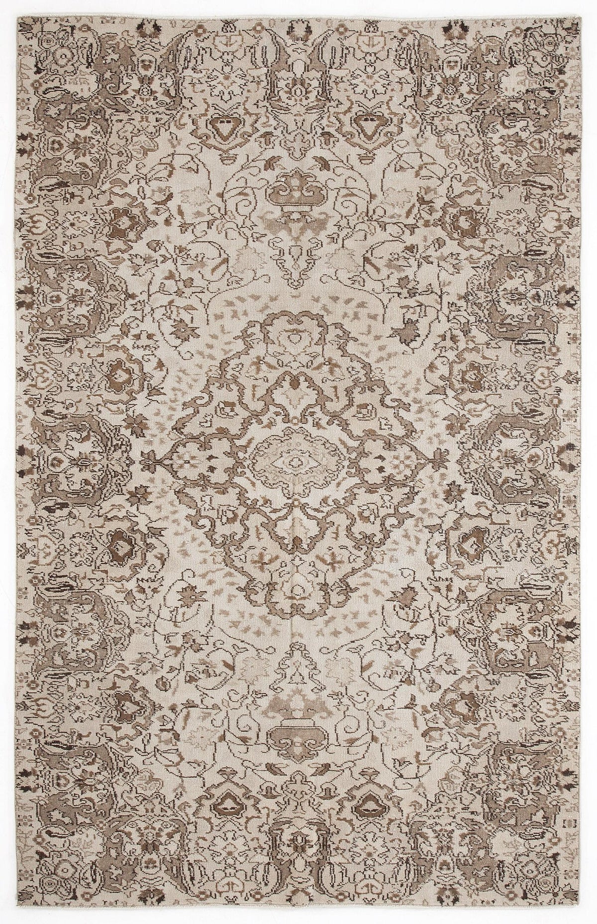 Beige and taupe area rug with a distressed traditional floral medallion pattern and ornate border.