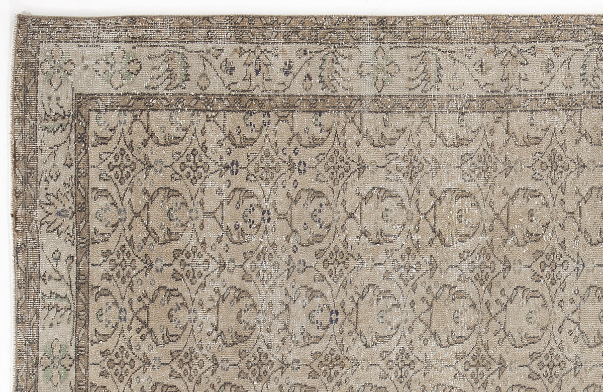 Beige and taupe vintage-style rug with a distressed floral medallion pattern and a detailed border.