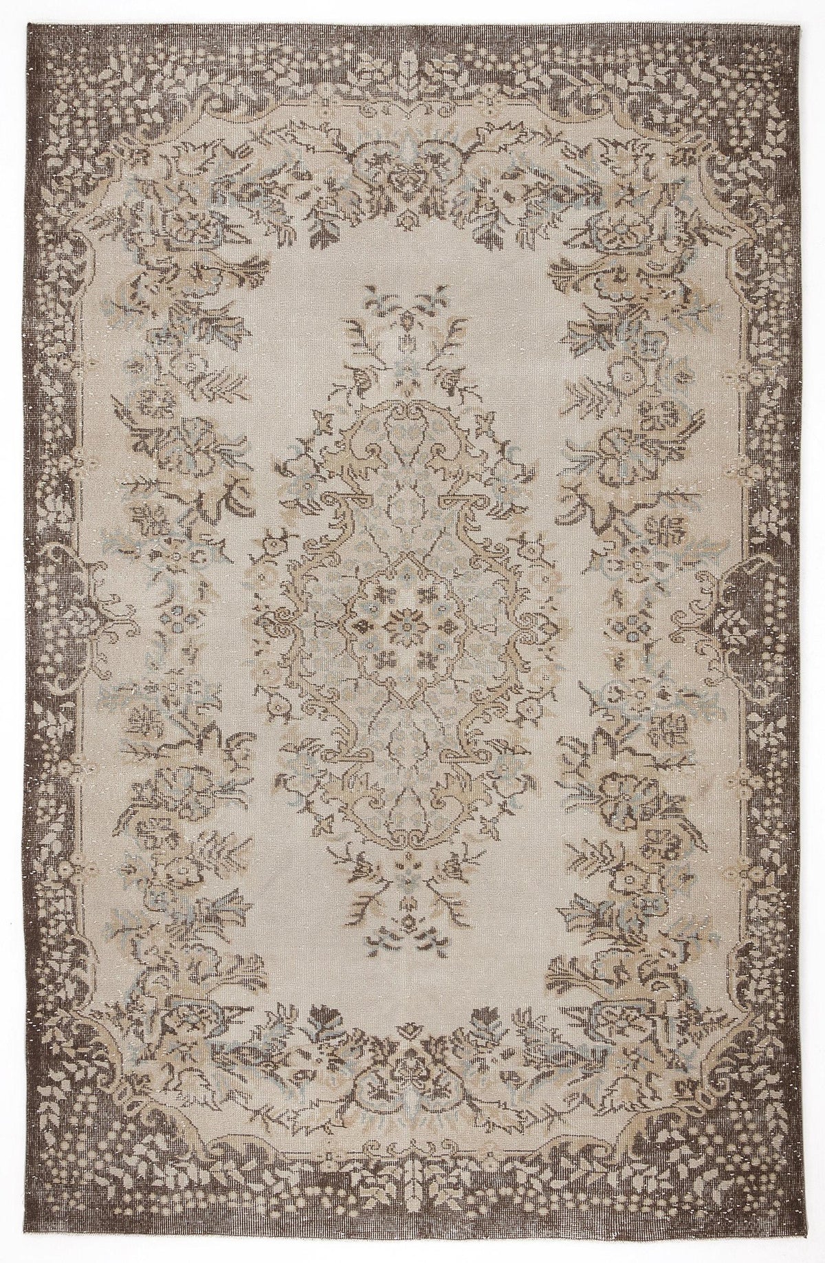 Beige and brown traditional rug with a central floral medallion and a wide, ornate botanical border.