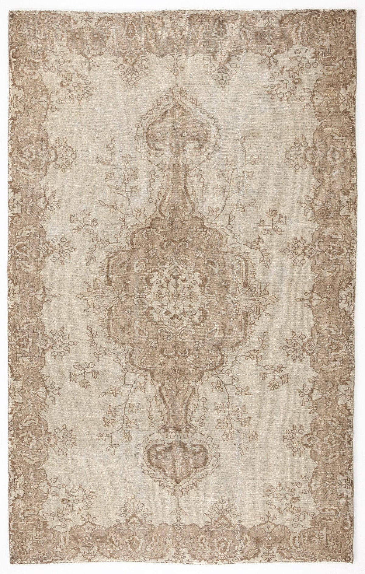Beige and taupe vintage-style rug with a central floral medallion and ornate border on a white background.