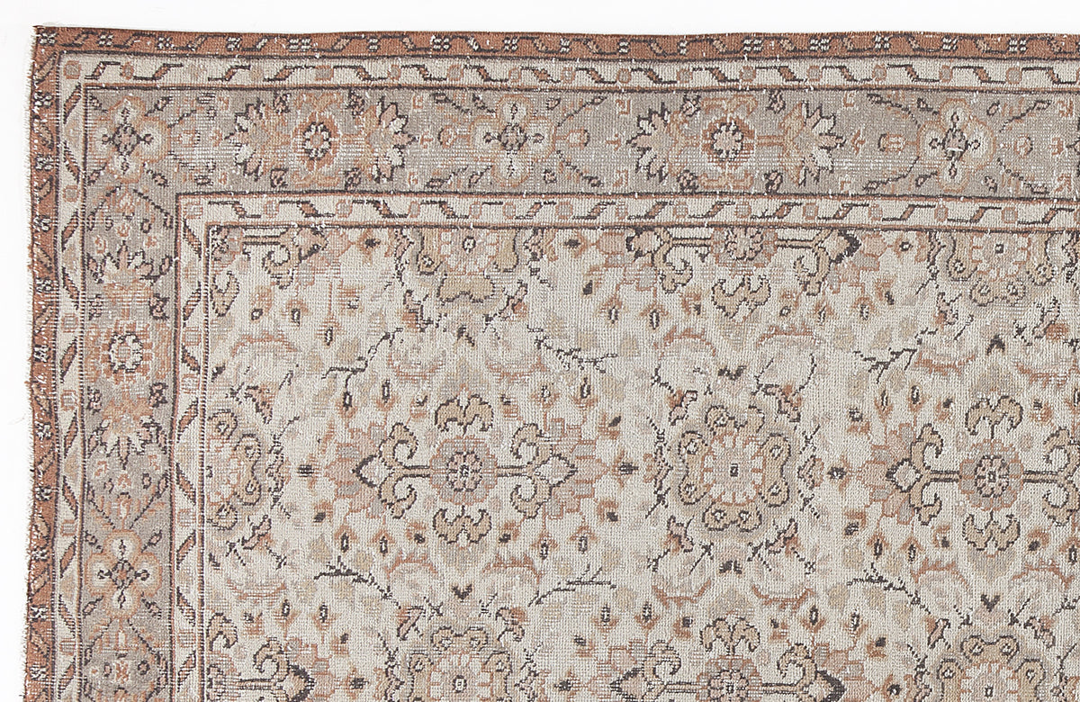 Beige and terracotta traditional rug with a distressed floral medallion pattern and a geometric border.