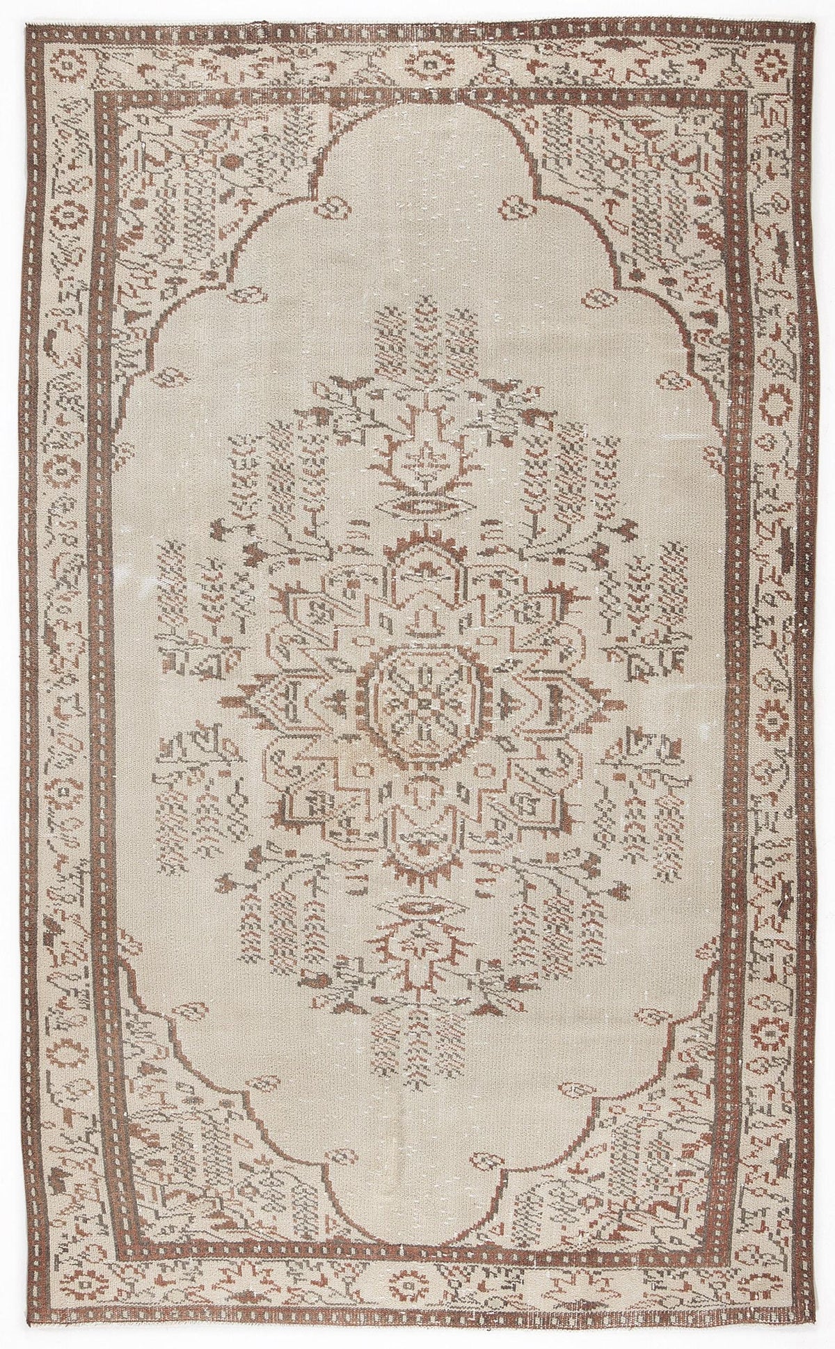 Beige and brown vintage-style rug with a central floral medallion and a decorative geometric border.